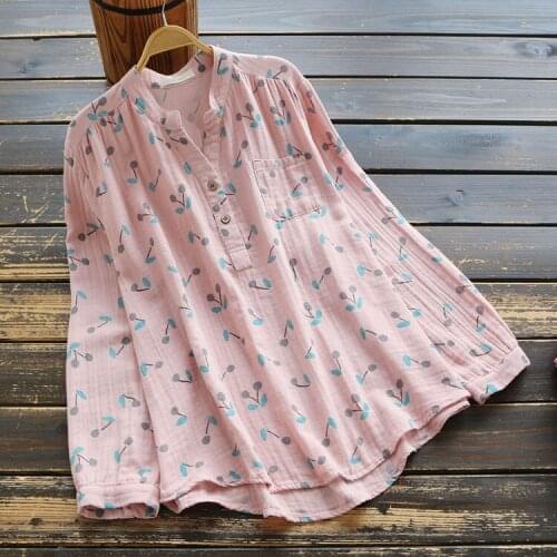 New Autumn Women Cover Belly Cotton Shirt Literary Print Long Sleeve Shirt Japan Style V-Neck Loose Pullover Women Blouse