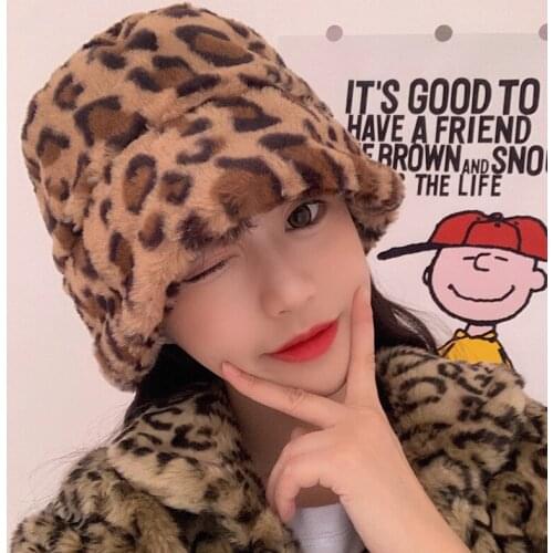 2020 Winter Ladies Hat Leopard Print Rabbit Fur Fisherman Hat Brown Leopard Print Cute Girl Warm Basin Hat Bucket Korea Japan