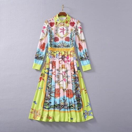 American European womens and clothing 2021 The new spring Long sleeve lapel nail beads shell starfish print pleated dress