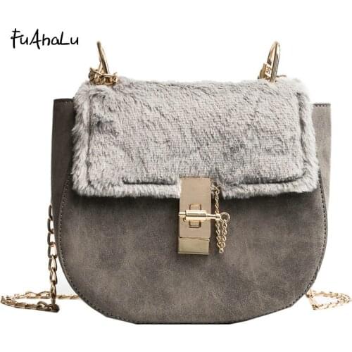 FuAhaLu Women autumn and winter new fashion personality plush chain wild shoulder oblique round package