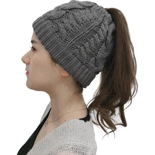 Ladies Girl Stretch Knit Hat Ponytail Beanies Winter Knitting Hats Winter Women Hat Holey Warm Hats Caps