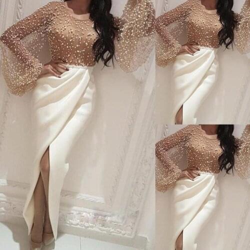 2021 Summer Women Pearl Long Lantern Sleeve High Waist Dress Evening Party Casual Fall Female New Empire Patchwork Split Dresses