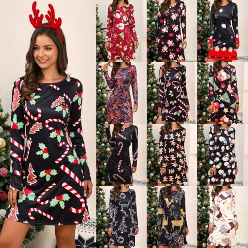 Vintage Dress Santa Tree Elk Print Autumn Winter New Women Long Sleeves High Waist Christmas Slim Round Neck Pullover Plus Size