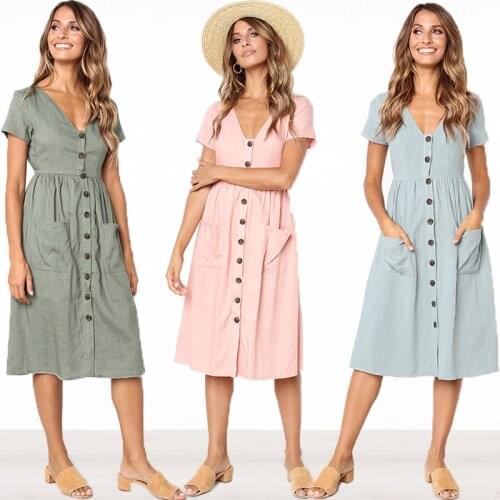 Elegant Short Sleeve V Neck Button Pockets Midi Dress Summer Women Pleated Casual Slim White Dresses Femme Vintage Vestidos 2020