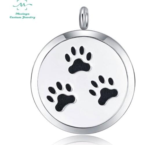10pcs silver color newest pet dog paw (30mm)Aromatherapy / Essential Oils surgical 316L S.Steel Perfume Diffuser Necklace