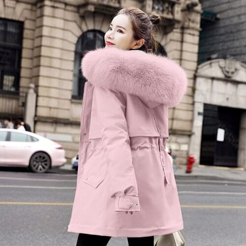 Korean Fashion Mid-length Cotton-padded Jackets Ladies Plus Velvet Thick Winter Outwear Big Size Solid Hooded Womens Parka e463