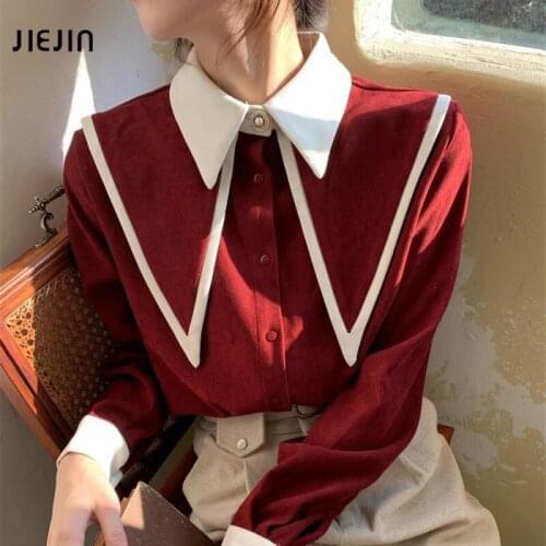 3XL Plus Size Women Blouses Red Long Sleeve Turn Down Collar Office Shirt Blouse Single Breasted Shirt Solid Vintage Casual Top