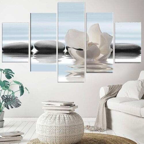 5 Pieces Wall Art Canvas Painting White Lotus Flower Poster Home For Decoration Living Room Pictures Framework Modular