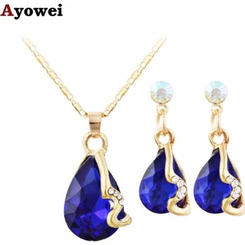 Ayowei royal blue water drop shape gold zircon set spring carnival jewelry pendant necklace earrings anniversary gift JS819A