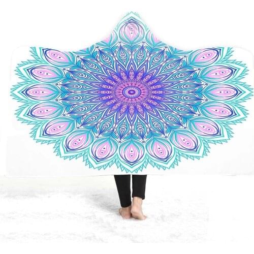 Free shipping Gift BOHO Ethnic Mandala Flower Peacock Feathers Sherpa Fleece Hooded Blanket Travel Camping Sofa Office Nap Throw