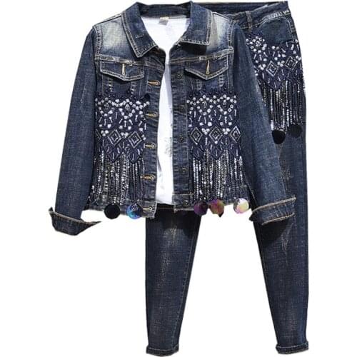 Plus size 3XL women autumn fashion tassel sequins denim jacket+pencil jeans two pieces sets