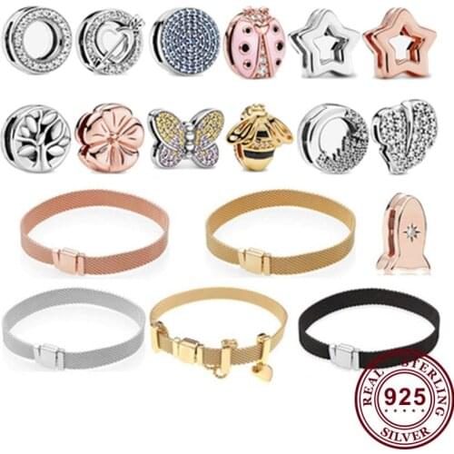 Genuine 925 Silver Pan Clip Chain Glittering Leaf Butterfly Queen Bee Pink Ladybug Clip Suitable For Bracelet Diy Jewelry