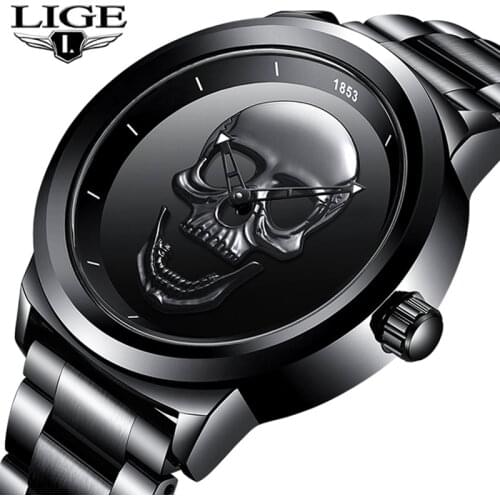 Men 3D Skull Watch LIGE Top Brand Quartz Stainless Steel Watchs Men Fashion Business Waterproof Creative Clock Relogio masculino