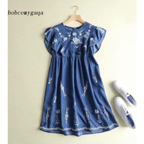 High Waist Ruffles Denim Dress Women O Neck Butterfly Sleeve Summer Knee Length Blue Denim Embroidery Dress Vestidos Mujer