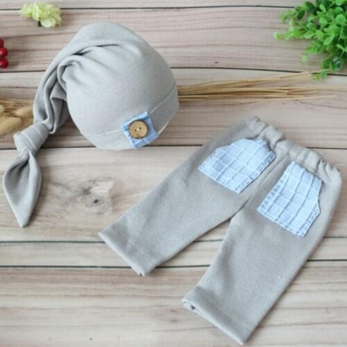 Gray Baby Boys Clothes Newborn Pants Set Knot Infant Hat with Button Baby Nightcap Newborn Overalls Trousers Photography Props