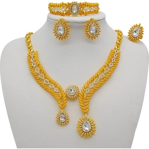 Ethiopia 24K Gold Jewelry Sets For Women Crystal Stone Jewellery African Wedding Bridal Gifts Party Necklace Earrings Ring Set