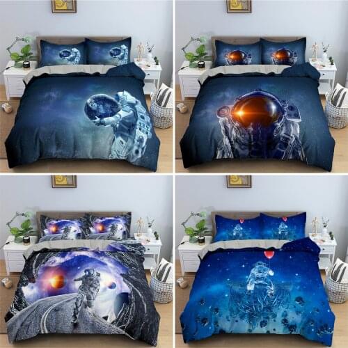 Outer Space Bedding Set Astronaut Duvet Cover Set Blue Galaxy Bed Set for Teen Boys Bedroom Full Queen King Size Comforter Cover