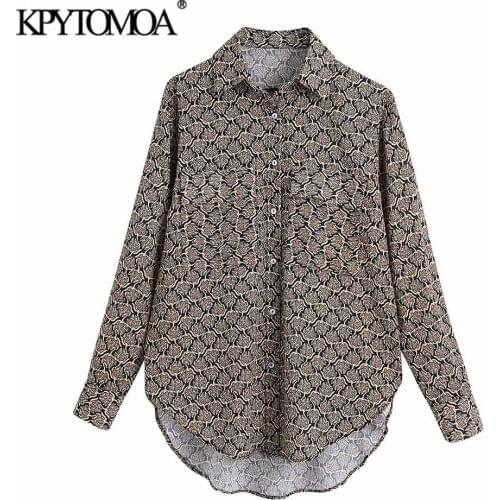 KPYTOMOA Women 2021 Fashion With Pockets Printed Asymmetry Blouses Vintage Long Sleeve Button-up Female Shirts Chic Tops