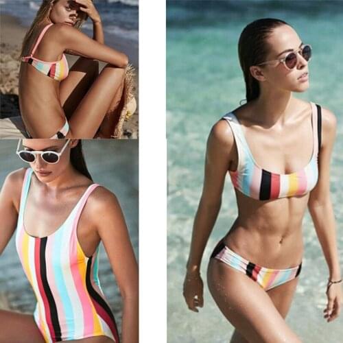 2021 sexy bikini swimwear women set swimsuit Female Striped Off Shoulder Halter Bandage Bathing Suit Thong Bikini 3 styles