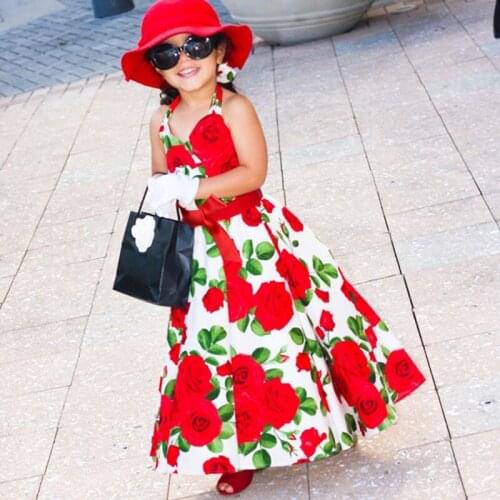 New Style Summer Dresses For Girls Floral Print Dress Fashion Red Flower Girls Festive Party Dresses Children Clothing Vestidos