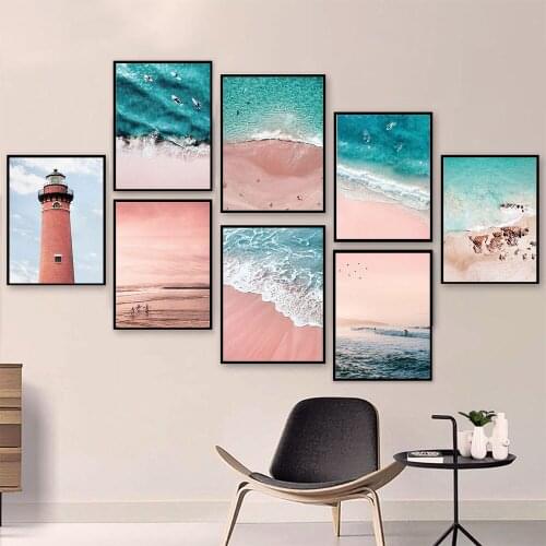 Pink Style Sea Viewscape Wall Art Beach and Ocean Canvas Prints Wall Poster Green Tree Leave Decorative Image for Home Decor