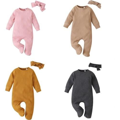 Newborn Baby Girl Boy Solid Knitted Footies, Long Sleeve One-piece Ribbed Jumpsuit with Wrapped Foot Design Bottom 0-12M