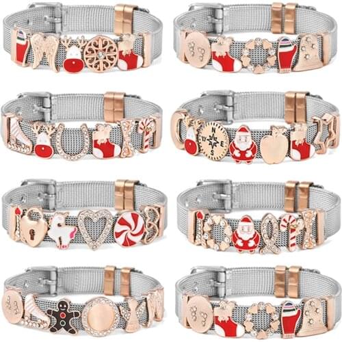 20 Styles Santa Claus Slide Charm Beads Fit 10mm Stainless Steel Mesh Bracelet for Women Men Christmas Jewelry Gift High Quality