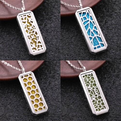 Rectangle Magnetic Pendant Stainless Steel Aromatherapy Essential Oil Diffuser Perfume Locket Honeycomb Style Necklace Jewelry