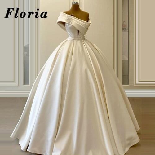 Handmade Puffy Satin Wedding Dresses 2020 Ivory Dubai Couture One Shoulder Bridal Gowns Beaded Bride Dresses Vestido De Novia