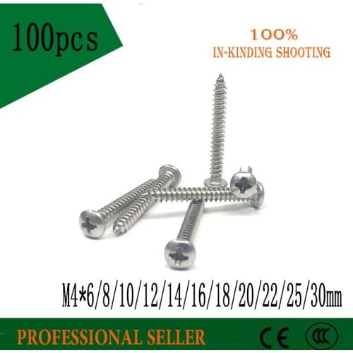 100pcs stainless steel 304 M4*6/8/10/12/14/16/18/20/25/30 mm GB845 phillips pan head head Self Tapping Screws