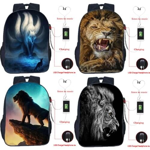 Lion 3d Printed School Backpack Boys Girl Bookbag Teenager USB Cable Book Rucksack College Student Schoolbag Men Travel Knapsack
