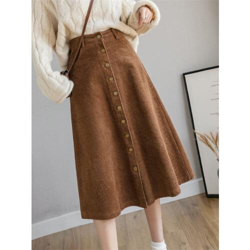 Corduroy Skirt Women Spring Autumn 2021 New Mid-Length High-Waist Ladies Solid Color Single-Breasted A-Line Winter Skirt aq043