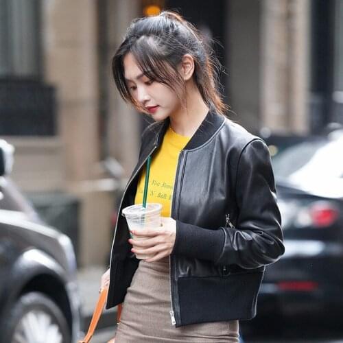 Genuine Leather Jacket Women Real Sheepskin Leather Coat Short Womens Baesball Leather Jackets Chaqueta Mujer PY-01 YY427