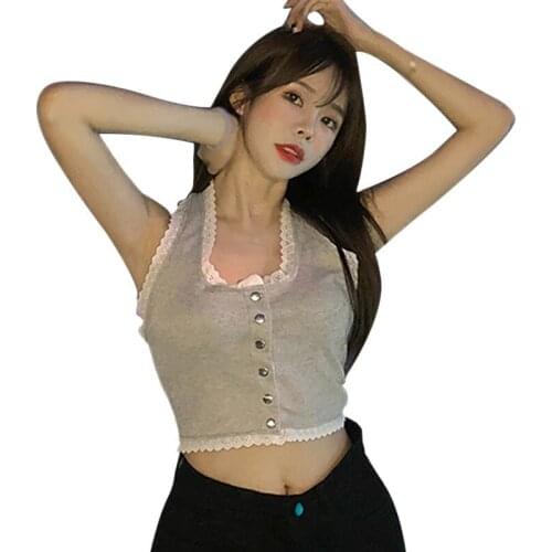 Womens Korean Lace Patchwork Slim Sexy Exposure Navel Halter Camisole Summer Solid Color Tank Tops
