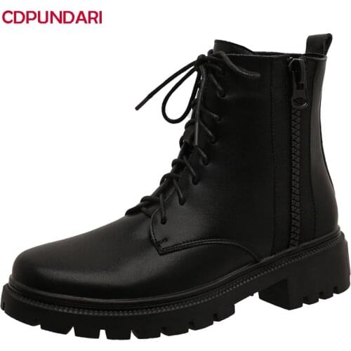 2021 Black Genuine Leather Med Heels Platform Ankle Boots For Women Autumn Winter Martin Combat Short Boots Shoes Bottines Femme