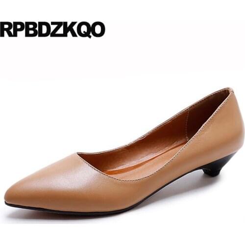 Brown Size 4 34 Black Formal Pointed Toe Court Kitten 2017 Genuine Leather Elegant Shoes Women Office Pumps Low High Heels