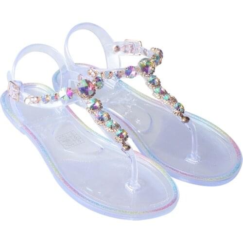 Summer Women Jelly Shoes Simple Color Diamond Fashion Transparent Flat Outdoor Leisure Beach Crystal Ladies Sandals Wholesale