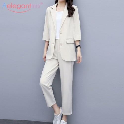 Aelegantmis Office Lady Blazer Suits Casual Korean 2 Piece Set for Women Business OL Single Breasted Blazer Jacket Long Pants