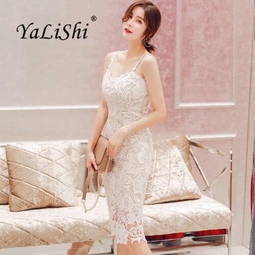 2021 Summer Womens High Quality Dress White Spaghetti Strap Sexy Party Dress Bandage Vintage Bodycon Vestidos Lace Pencil Dress