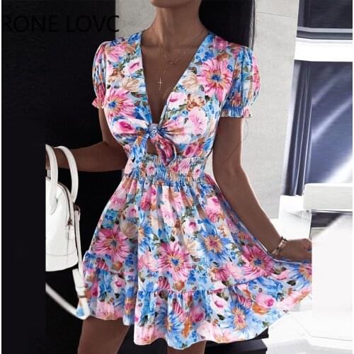 Women Floral Print Puff Sleeve Tied Detail Dress Casual Dress Summer Mini Dress