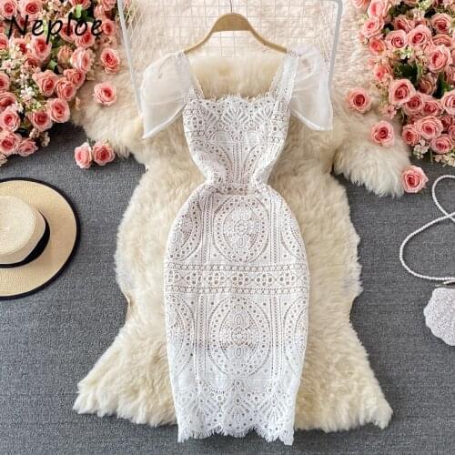 Neploe Square Neck Puff Sleeves Ladies Dress Temperament Gentle Lace Vestidos Femme High Slim Waist Solid Hollow Ceremonial Robe