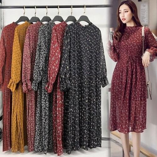 2020 Spring and Autumn Korean Style Women Floral Dress Stand Collar Flowers Printed Vestidos Prairie Chic Chiffon Midi Dress W57