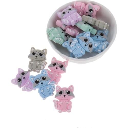 10PCS Silicone Beads Mini Raccoon Baby Teether Food Grade Teething Necklace Sensory Pacifier Holder Chain Accessories Shower Toy