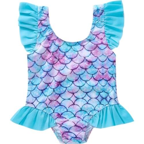 2021 Infant Ruffle Swimsuit Baby Girls Sunflower/Fish Scale Print Fly Sleeve U-shaped Neck Swimwear Kids Girl Beachwear Biquini