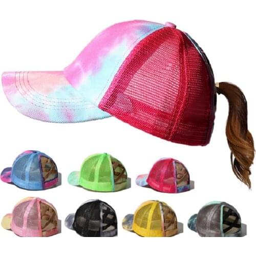 2021 Womens Ponytail Baseball Cap Mesh Tie Dye Summer Leisure Simple Snapback Cap Outdoor Streetwear Sport Hat For Women Men