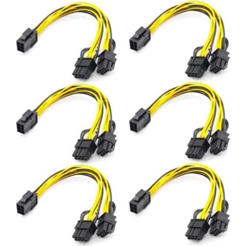 6PCS GPU VGA PCIe 6 Pin Female to Dual 2X 8 Pin (6+2) Male PCI Express Power Adapter Y-Splitter Extension Cable (20cm)