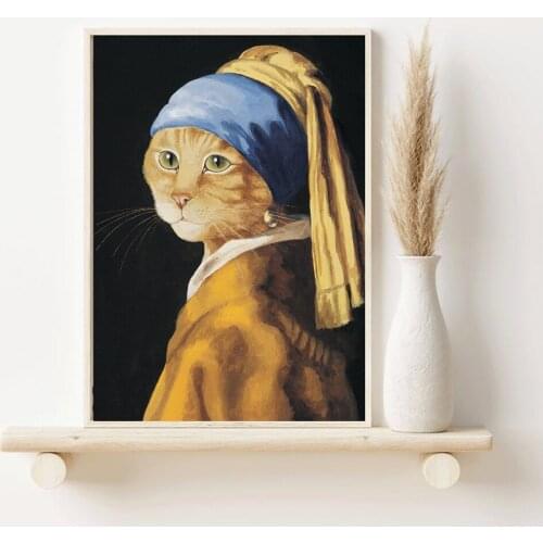 Abstract Retro Surreal Cat Portrait Print Poster Girl with Pearl Earrings Graffiti Modern Canvas Painting Nordic Home Decoration