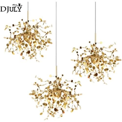 Art deco Stainless steel leaves led pendant lights for dining room coffee store bar ktv luxury living room hanging lamp fixtures