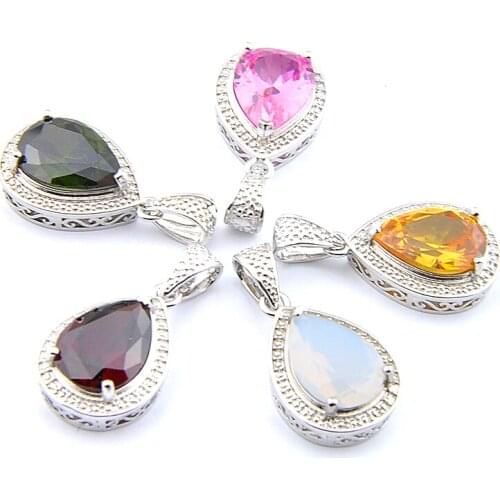 Big Offer MIX 5 PCS Holiday Gifts Classic Teardrop Fire Moonstone Pink Topaz Garnet Citrine Peridot Gemstone Necklaces Pendants