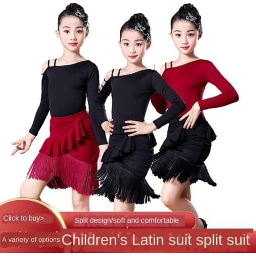 Children Latin Dance Wear Clothes Girls Long Sleeve Latin Dance Skirt Fringed Skirt Clothing Grading Test Game Performance Wear